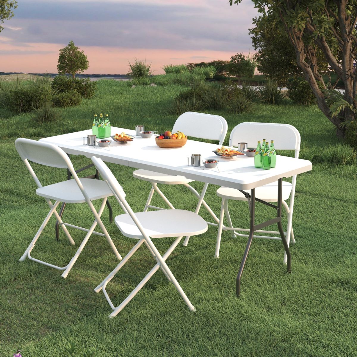 5-Piece Portable Folding Table & Chair Set - 6ft Heavy Duty Trestle Table with 4 Seats (White)