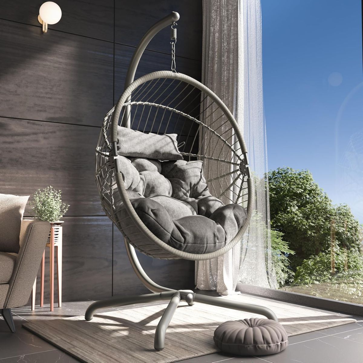 Foldable Hanging Egg Chair with Stand & Cushions - Indoor/Outdoor Patio Swing (160kg Capacity)