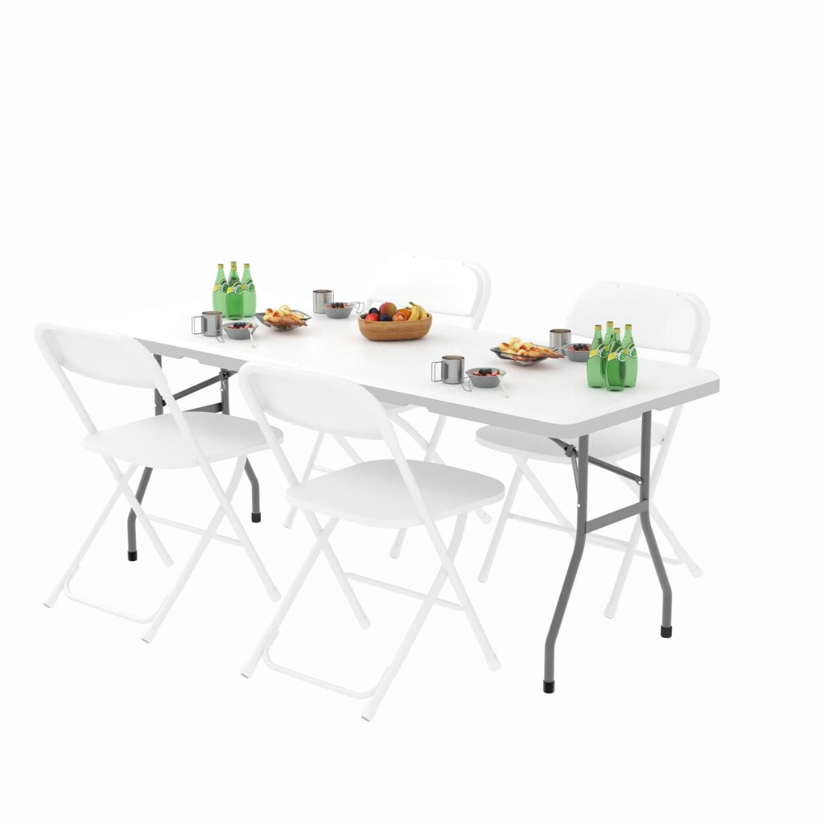 5-Piece Portable Folding Table & Chair Set - 6ft Heavy Duty Trestle Table with 4 Seats (White)