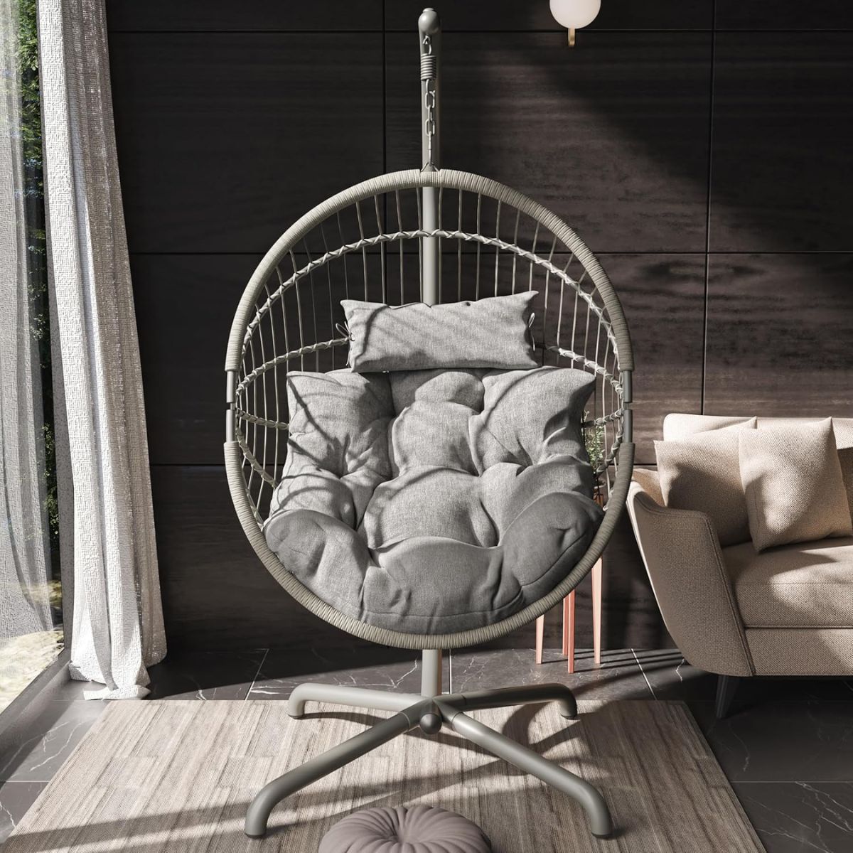 Foldable Hanging Egg Chair with Stand & Cushions - Indoor/Outdoor Patio Swing (160kg Capacity)
