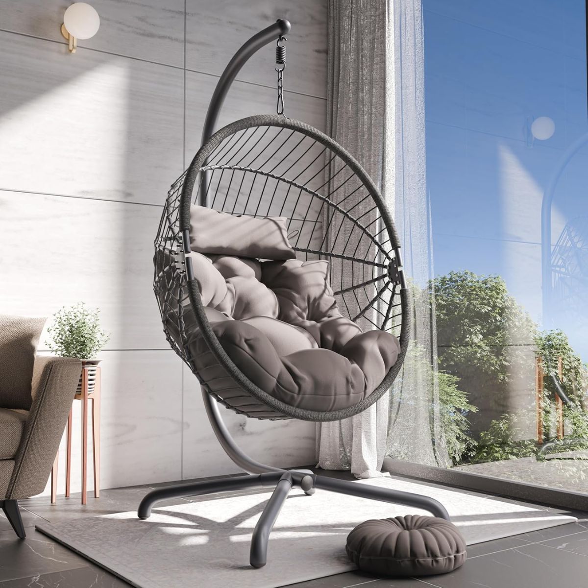 Foldable Hanging Egg Chair with Stand & Cushions - Indoor/Outdoor Patio Swing (160kg Capacity)