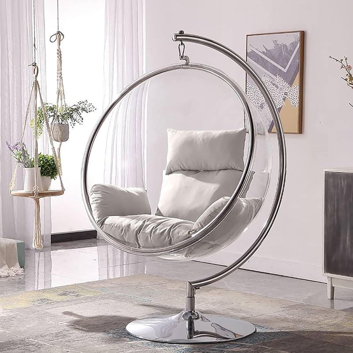 Modern Acrylic Bubble Chair with Chrome Pedestal Base - Transparent Sphere Lounger