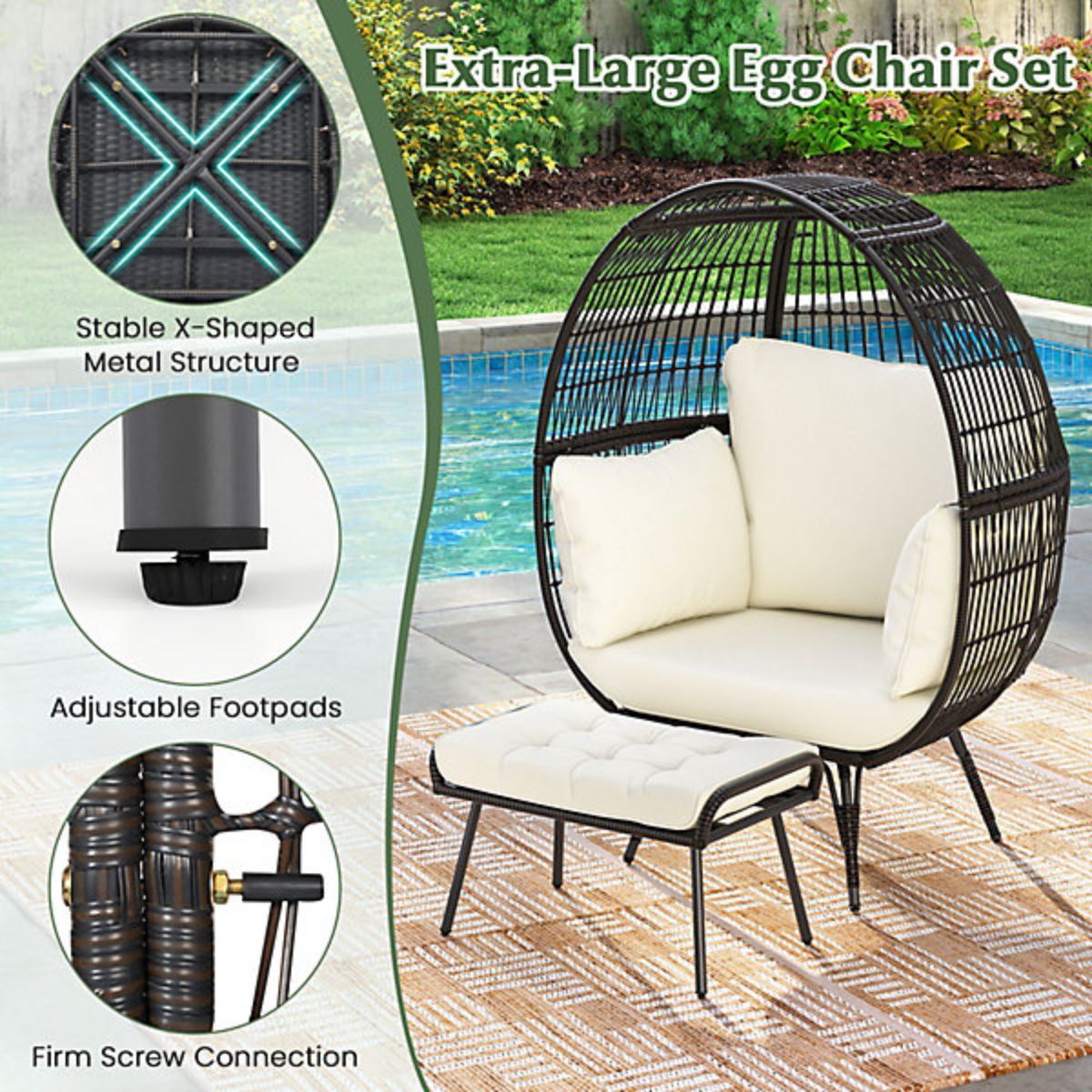 Oversized Wicker Egg Chair with Ottoman & Cushions - Indoor/Outdoor Patio Lounger (Off White)